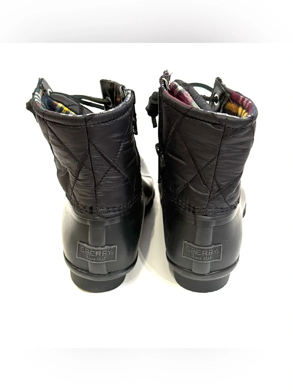 Sperry Women’s 5.5 Black Quilted Duck Boots Plaid Lined NEW Without Box